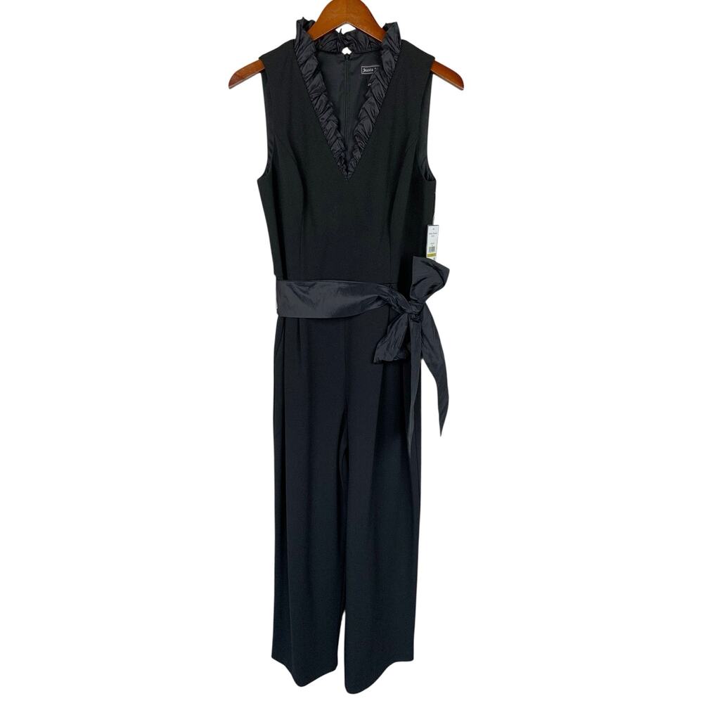 New Jessica Howard Jumpsuit Black Ruffle V-Neck Sleeveless Tie Belt Women's 14P